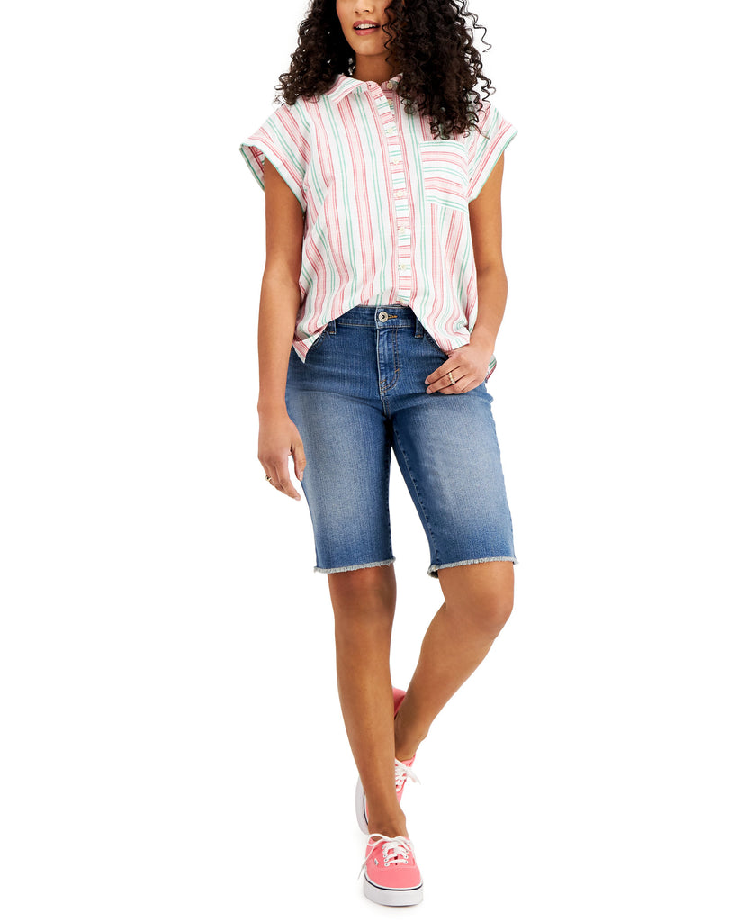 Style & Co Women Petite Striped Button Down Top