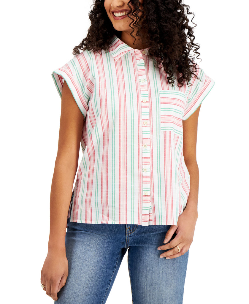 Style & Co Women Petite Striped Button Down Top Bright White