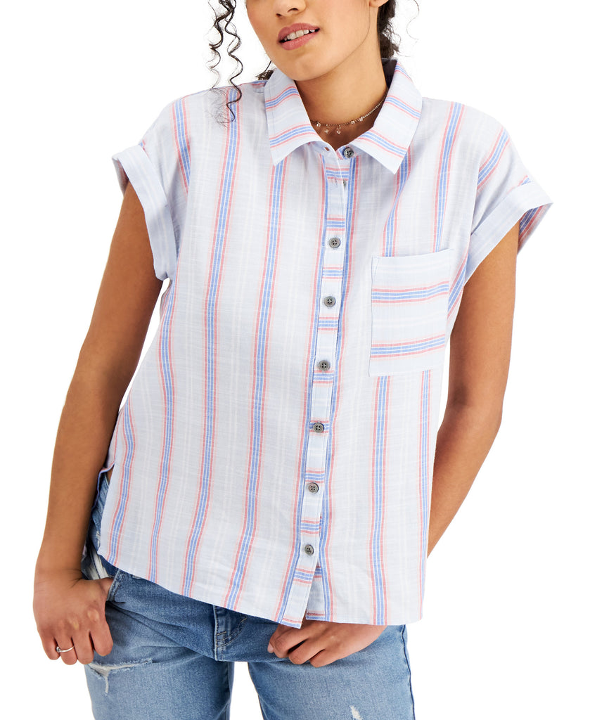 Style & Co Women Cotton Striped Camp Shirt Crystalline Blue