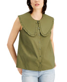 INC International Concepts Women Ruffle Collar Top Burnt Olive