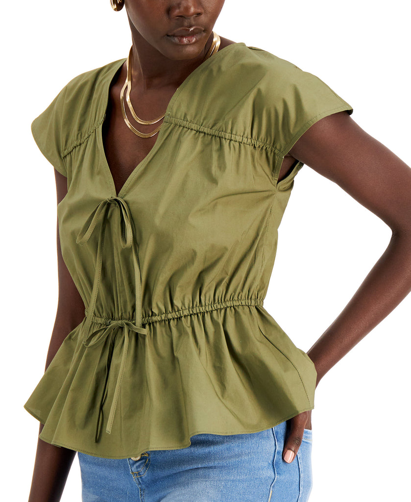 INC International Concepts Women Ruched Cotton V Neck Blouse