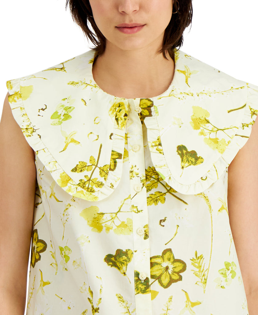 INC International Concepts Women Floral Print Cotton Ruffle Collar Top