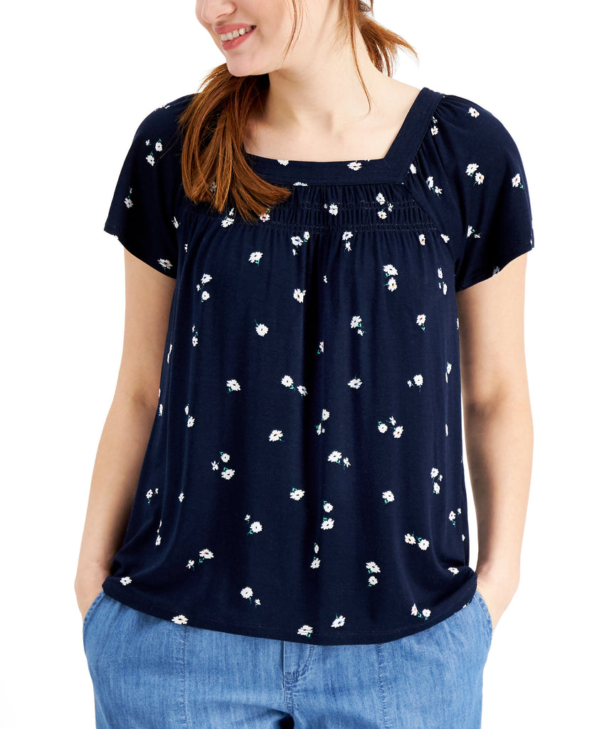 Style & Co Women Printed Square Neck Top Industiral Blue Daisy