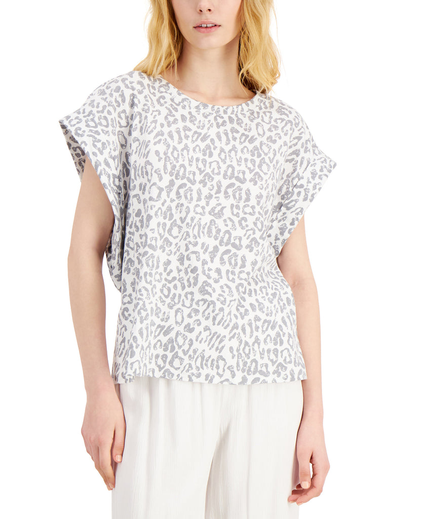 INC International Concepts Women Cotton Roll Sleeve T Shirt Chiara Cheetah