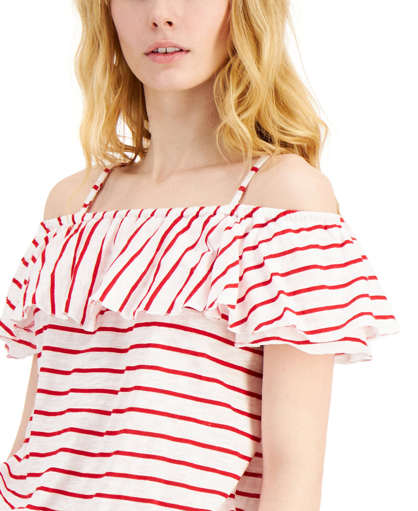 INC International Concepts Women Cotton Stripe Print Cold Shoulder Top