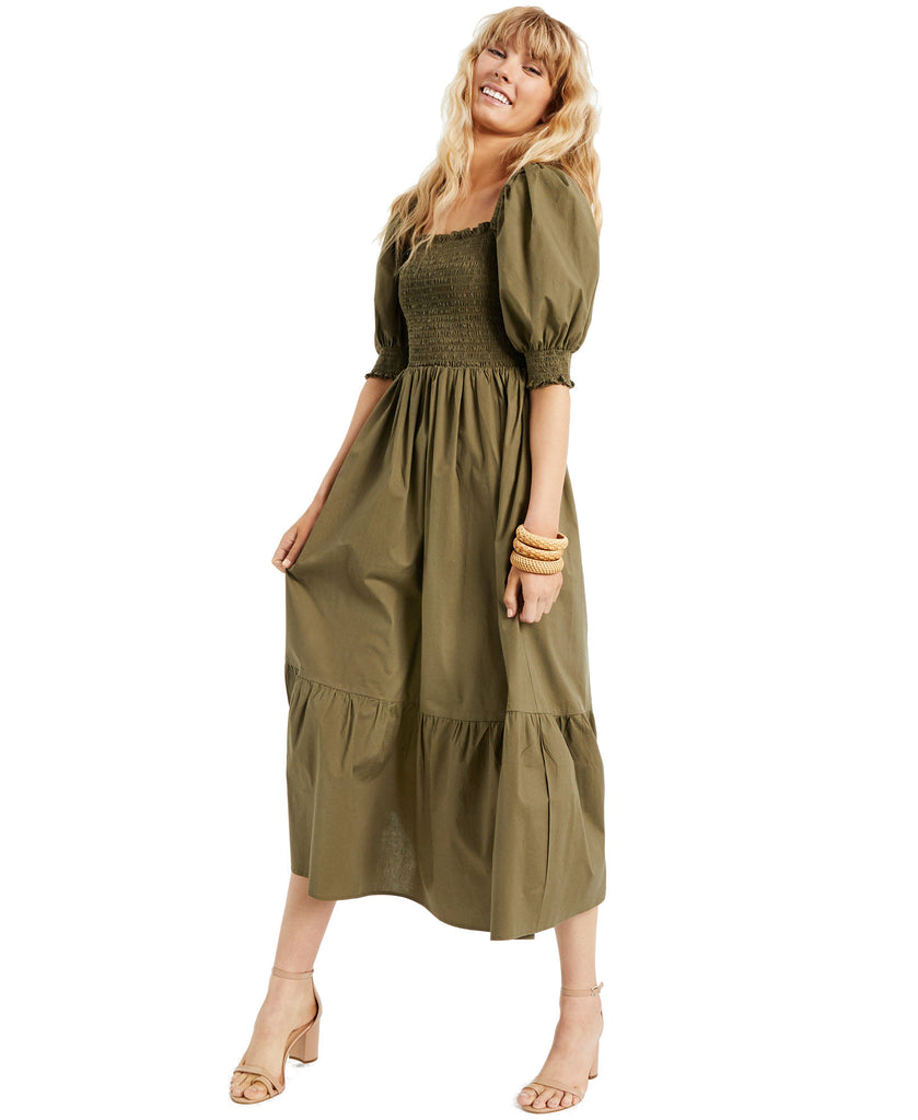 INC International Concepts Women Smock Puff Sleeve Dress Burnt Olive