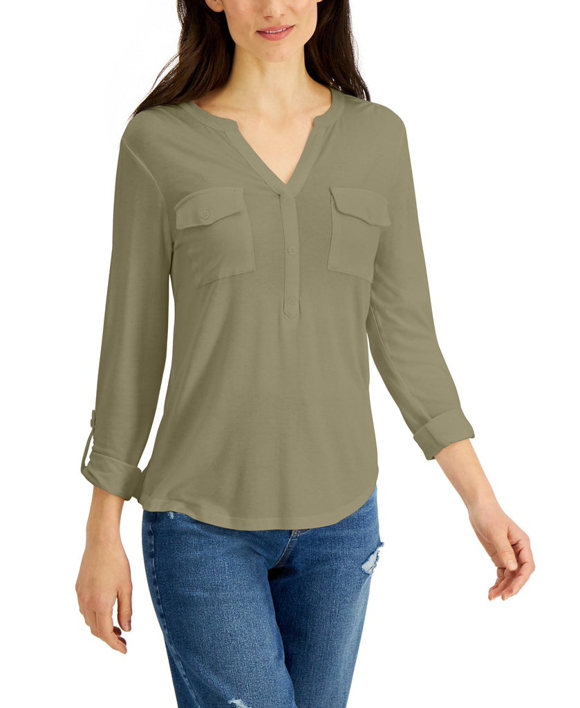 Style & Co Women Split Neck Roll Tab Sleeve Top New Pale Sage