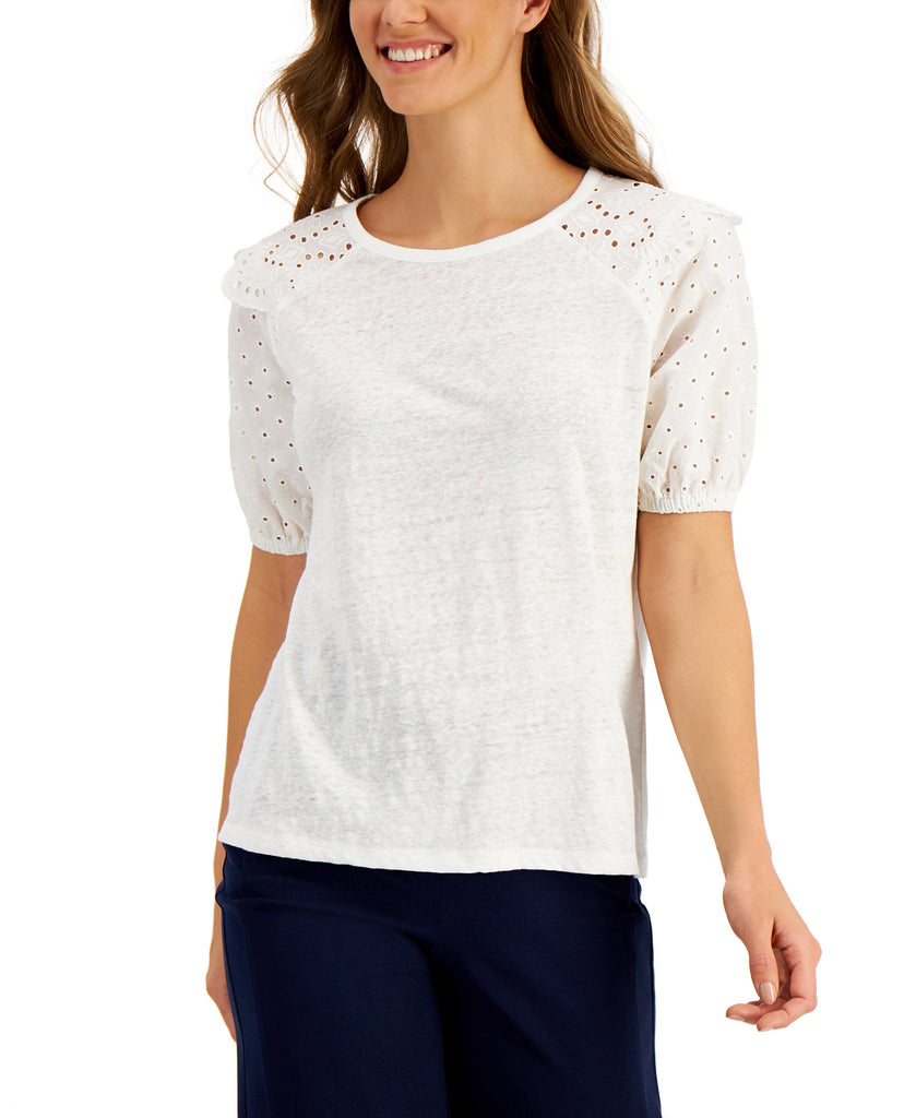 Charter Club Women Eyelet Trim Puff Sleeve Top Cloud