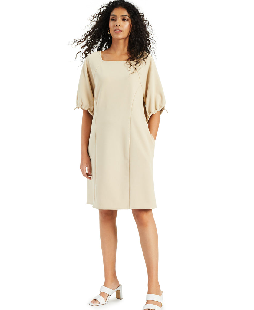 Alfani Women Cinch Sleeve Dress Cream Beige