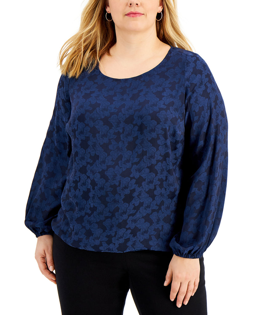 JM Collection Women Jacquard Bubble Hem Top Intrepid Blue