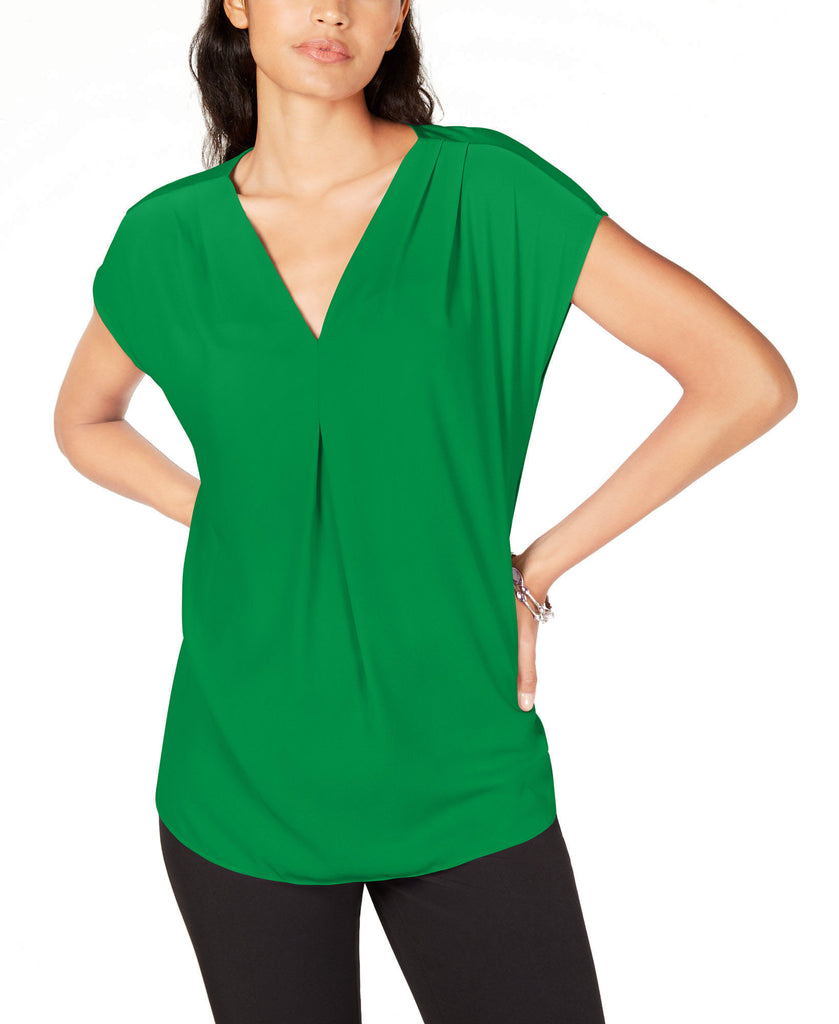 INC International Concepts Women Inverted Pleat V Neck Top Green Emerald