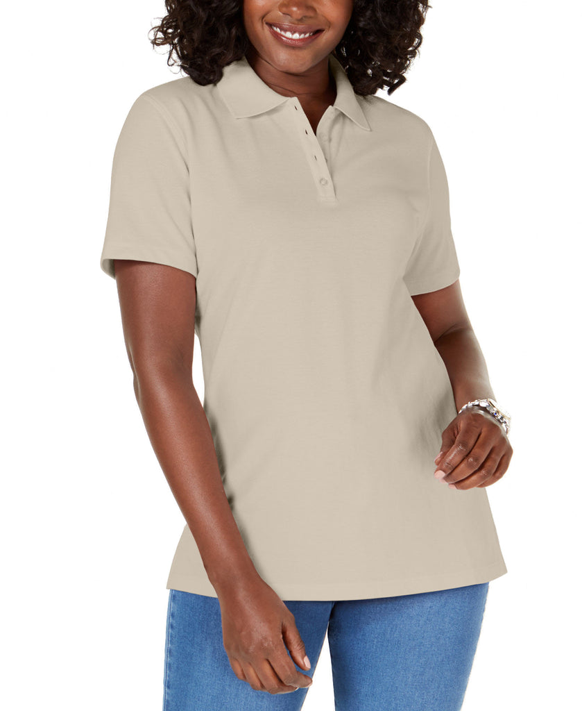 Karen Scott Women Petite Cotton Polo Shirt Pebble