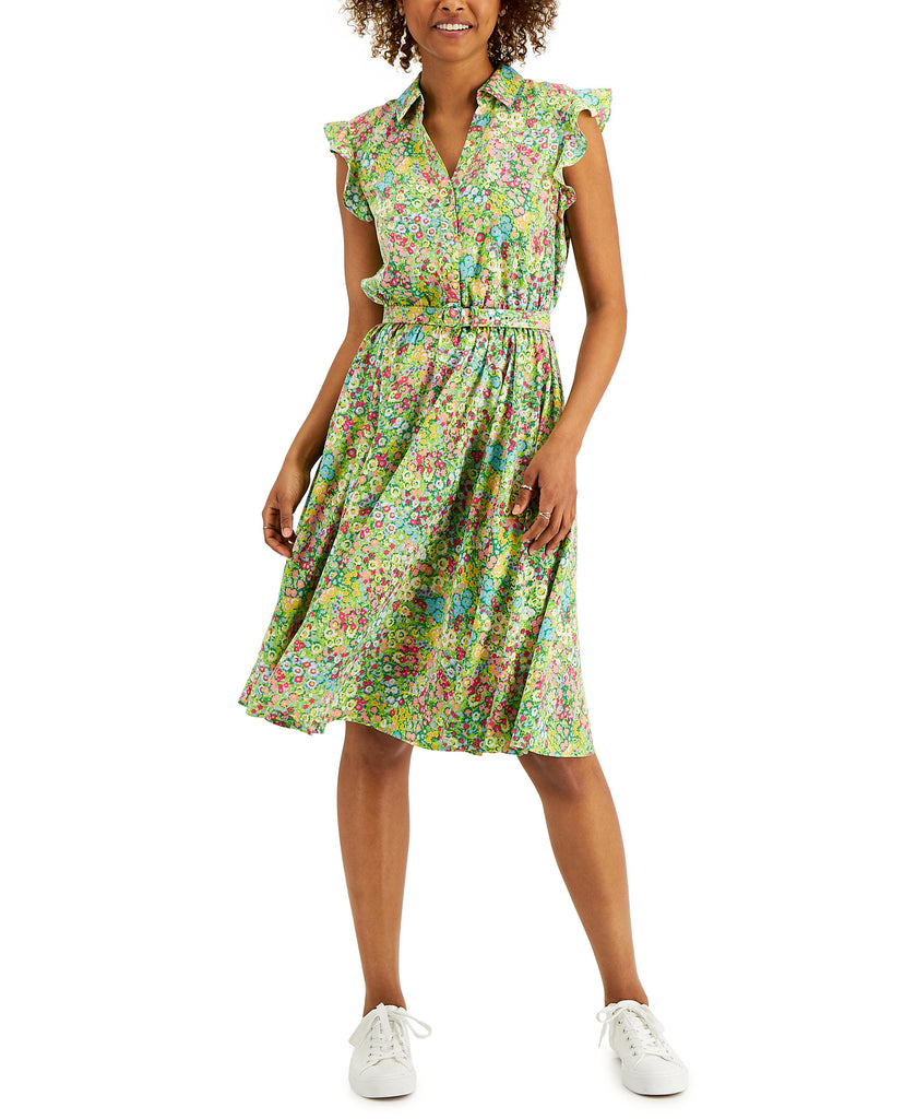 Charter Club Women Printed Ruffled Sleeve Dress Bright Pine Combo