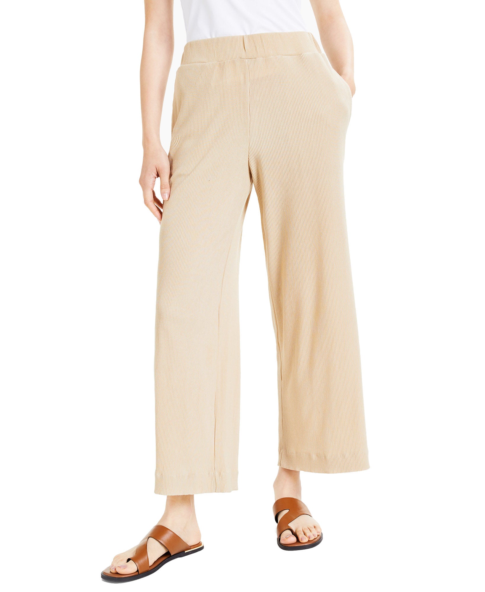 Alfani Women Petite Ribbed Wide Leg Pants Cream Beige
