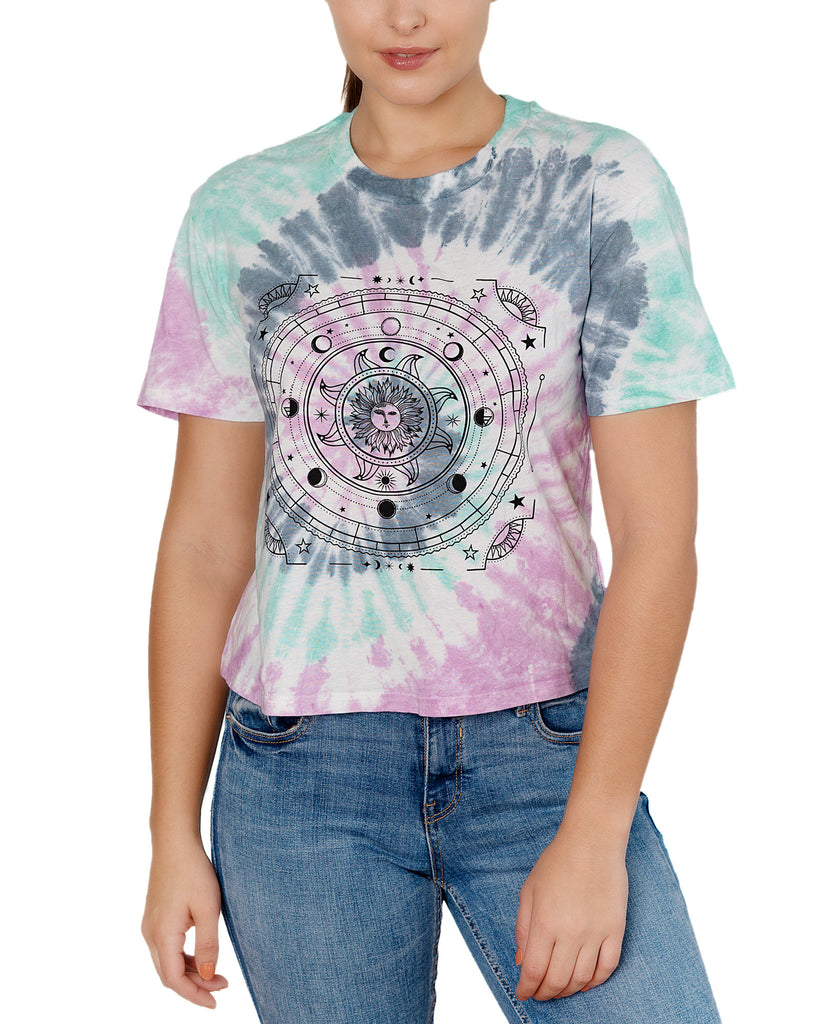 Rebellious One Women Celestial Graphic Tie Dyed T Shirt Faded Denim