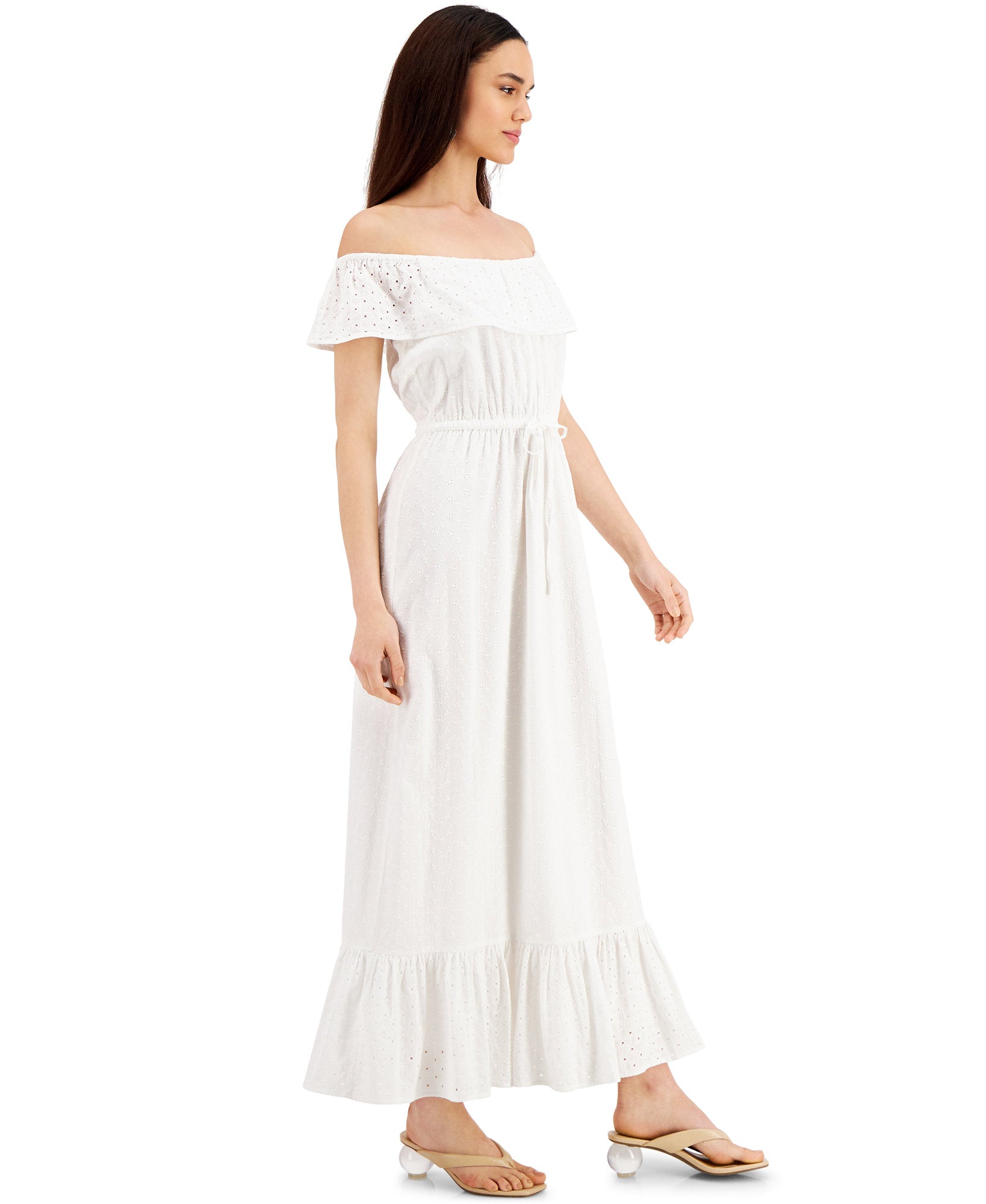 Style & Co Women Petite Cotton Off The Shoulder Eyelet Maxi Dress