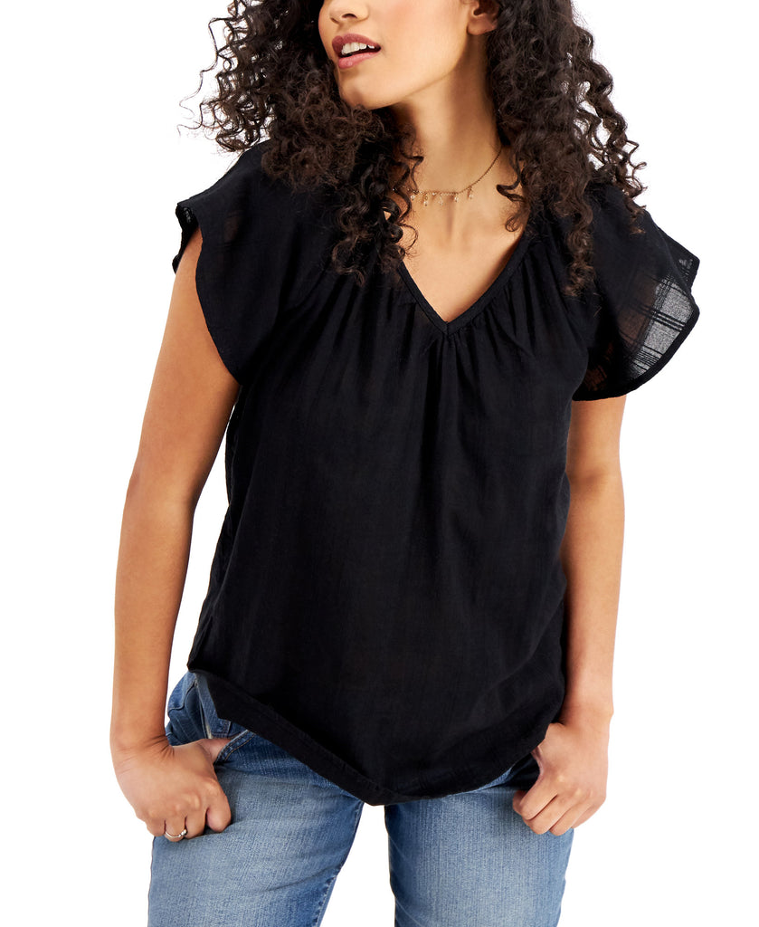 Style & Co Women Solid Flutter Sleeve V Neck Top Deep Black