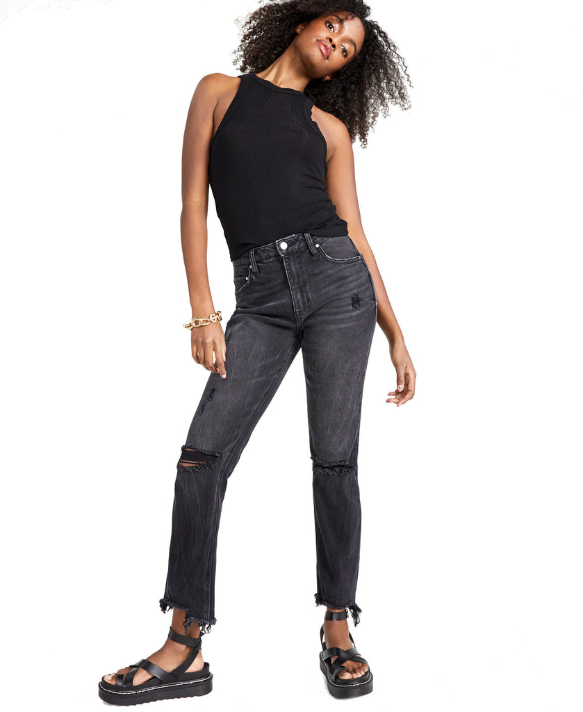 Tinseltown Women Ripped Frayed Hem Straight Jeans Black Wash