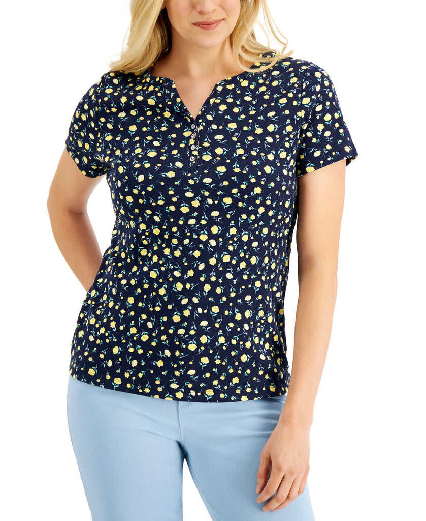 Karen Scott Women Printed Split Neck Top Intrepid Blue