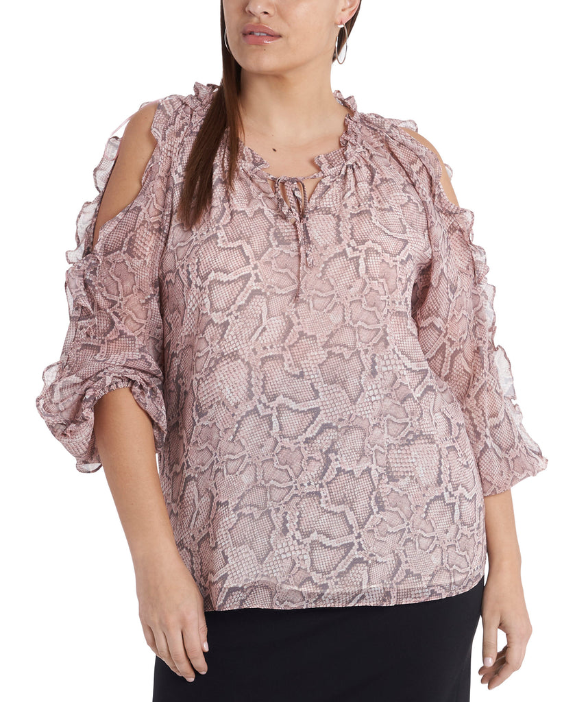 1.STATE Women Plus Trendy Ruffled Cold Shoulder Printed Top Silky Snake