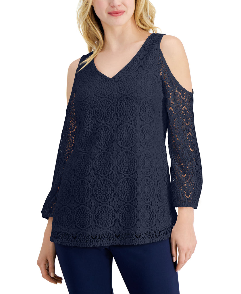 JM Collection Women Lace Cold Shoulder Top Intrepid Blue