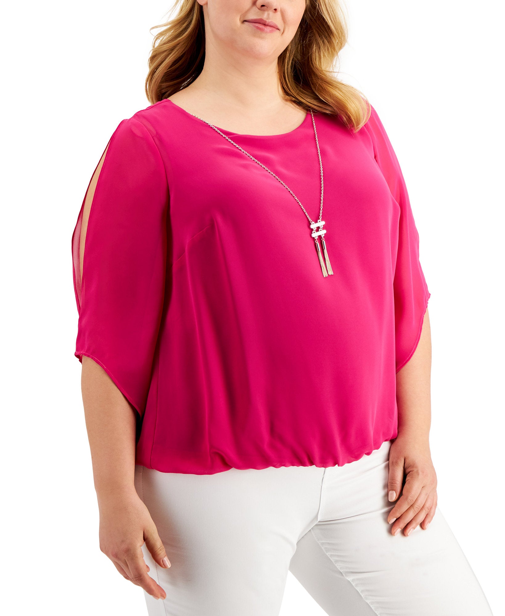 JM Collection Women Plus Bubble Hem Split Sleeve Necklace Top Bold Berry