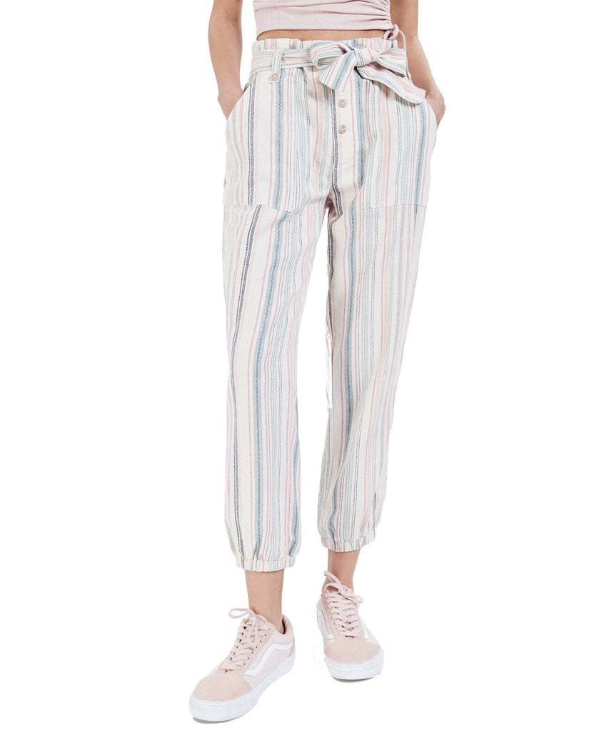 Indigo Rein Women Belted Paperbag Waist Pants Multi Beige Stripe