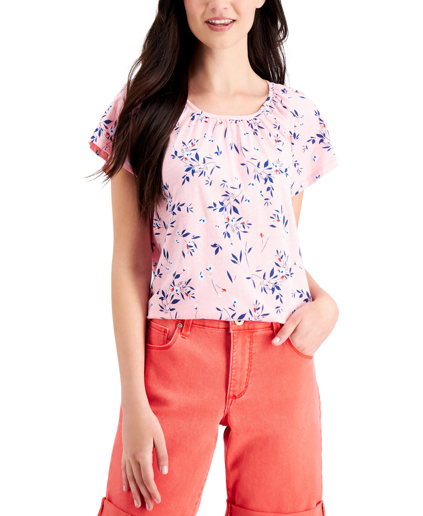 Style & Co Women Petite Pleated Floral Print Top Confetti Pink