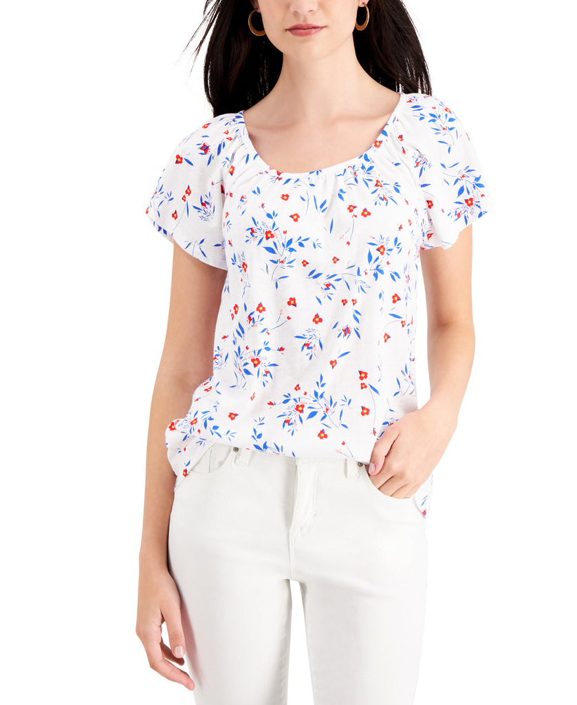 Style & Co Women Petite Pleated Floral Print Top Confetti White