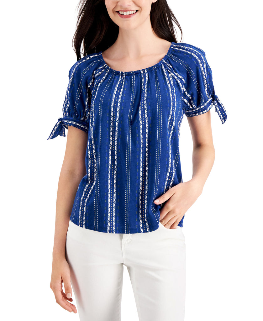 Style & Co Women Printed Tie Cuff Top Stamp Stripe Blue