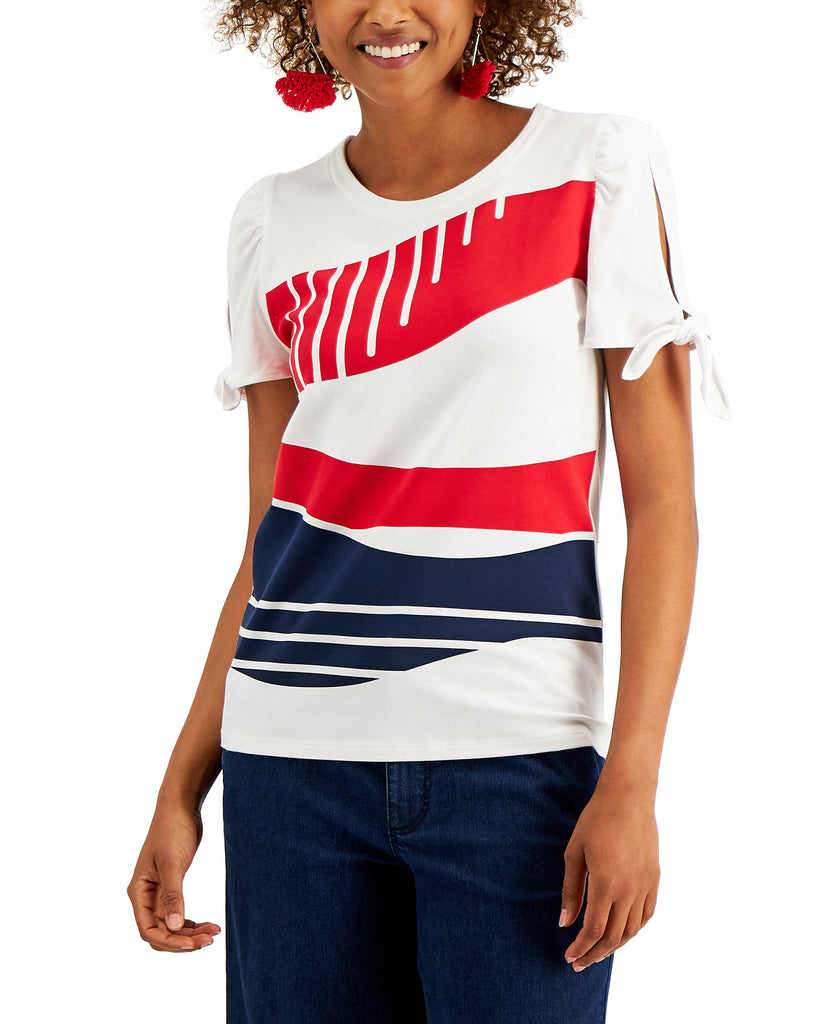 Charter Club Women Petite Abstract Print T Shirt Bright White Combo