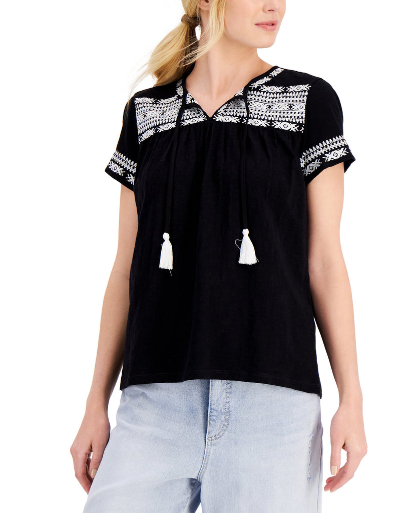 Style & Co Women Petite Cotton Embroidered Top Deep Black