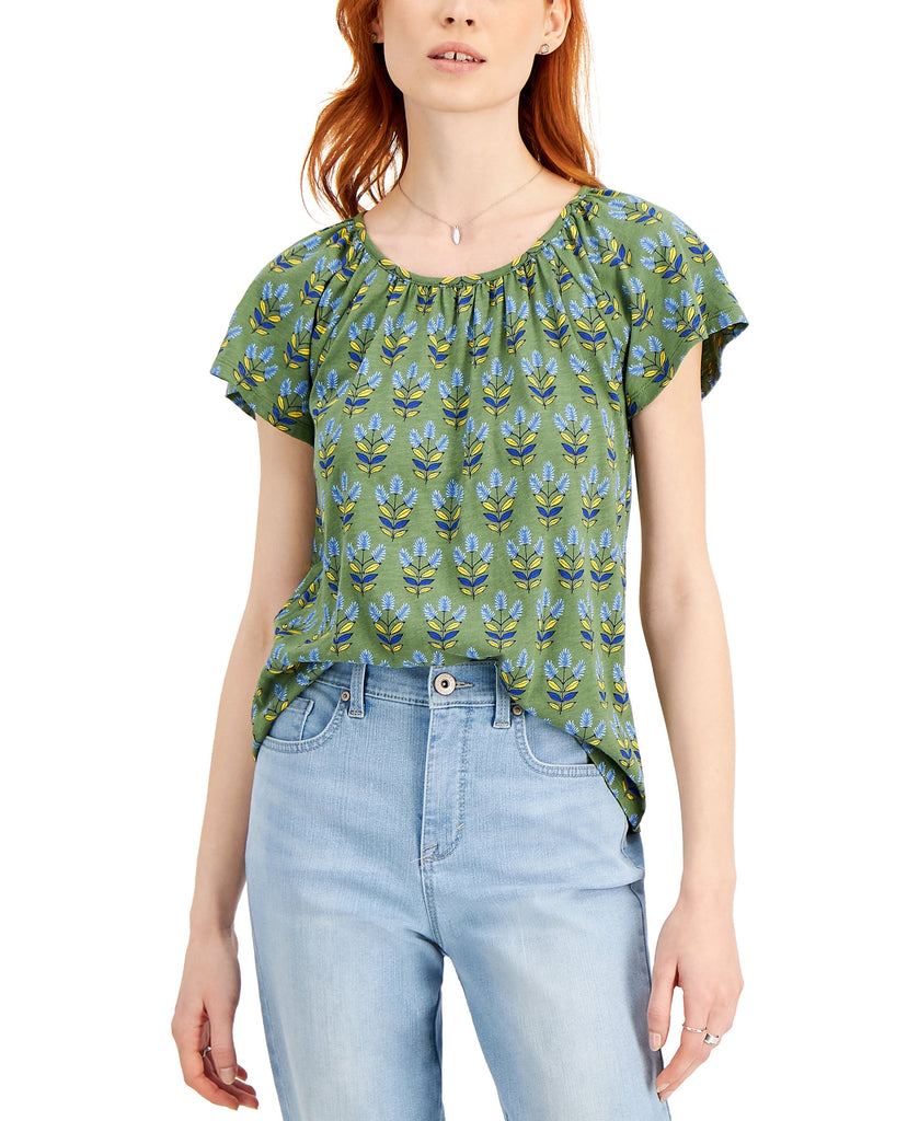 Style & Co Women Petite Pleated Scoop Neck Top Woodblock Green