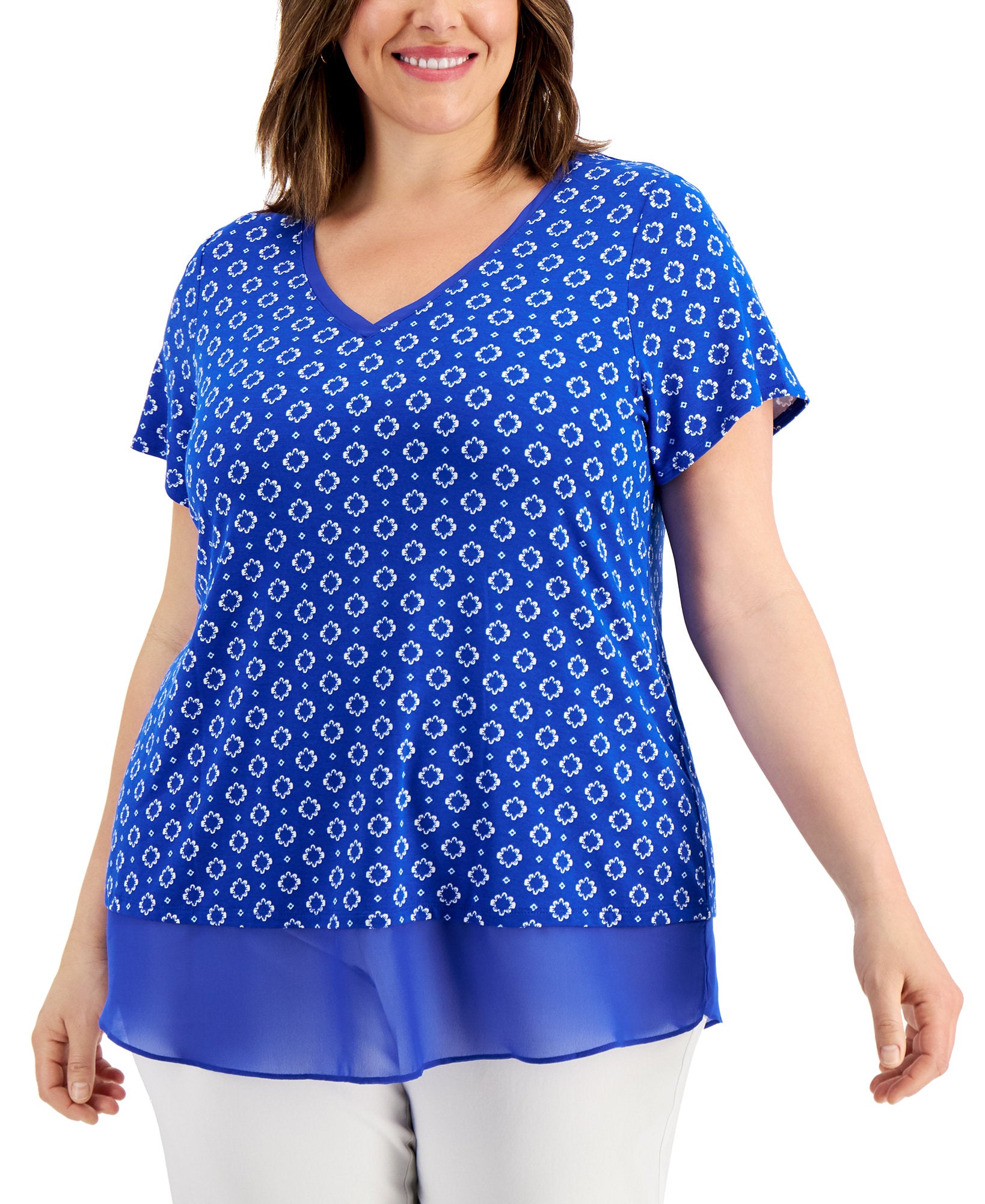 JM Collection Women Plus Mina Contrast Trim Top Deep Cobalt
