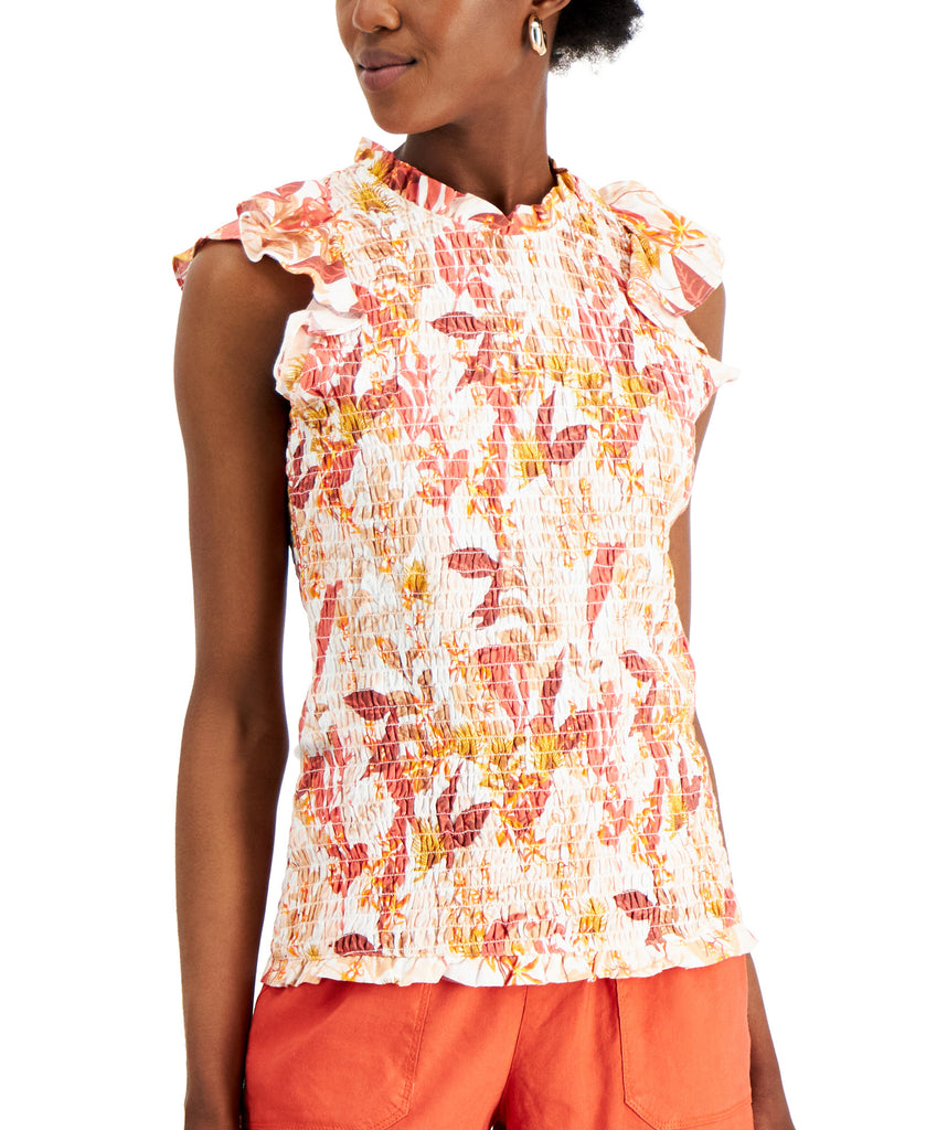 INC International Concepts Women Floral Print Smocked Sleeveless Top