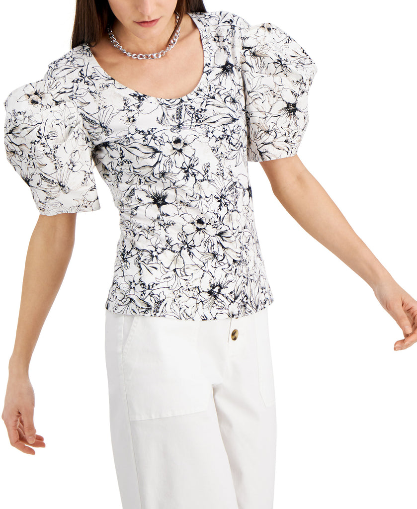 INC International Concepts Women Floral Print Puff Sleeve Top Chroma Garden