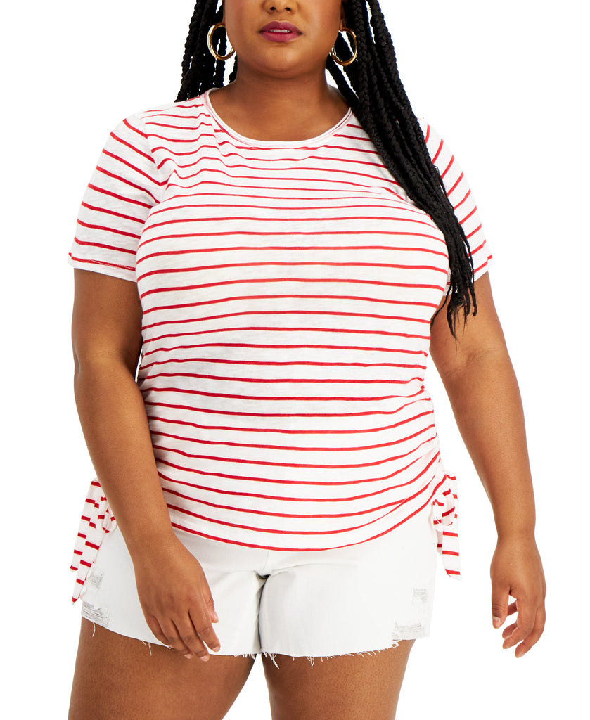 INC International Concepts Women Plus Striped Cotton Double Ruched Top Saide Stripe