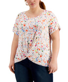 Style & Co Women Plus Printed Twist Hem Top Ocean Tiles White