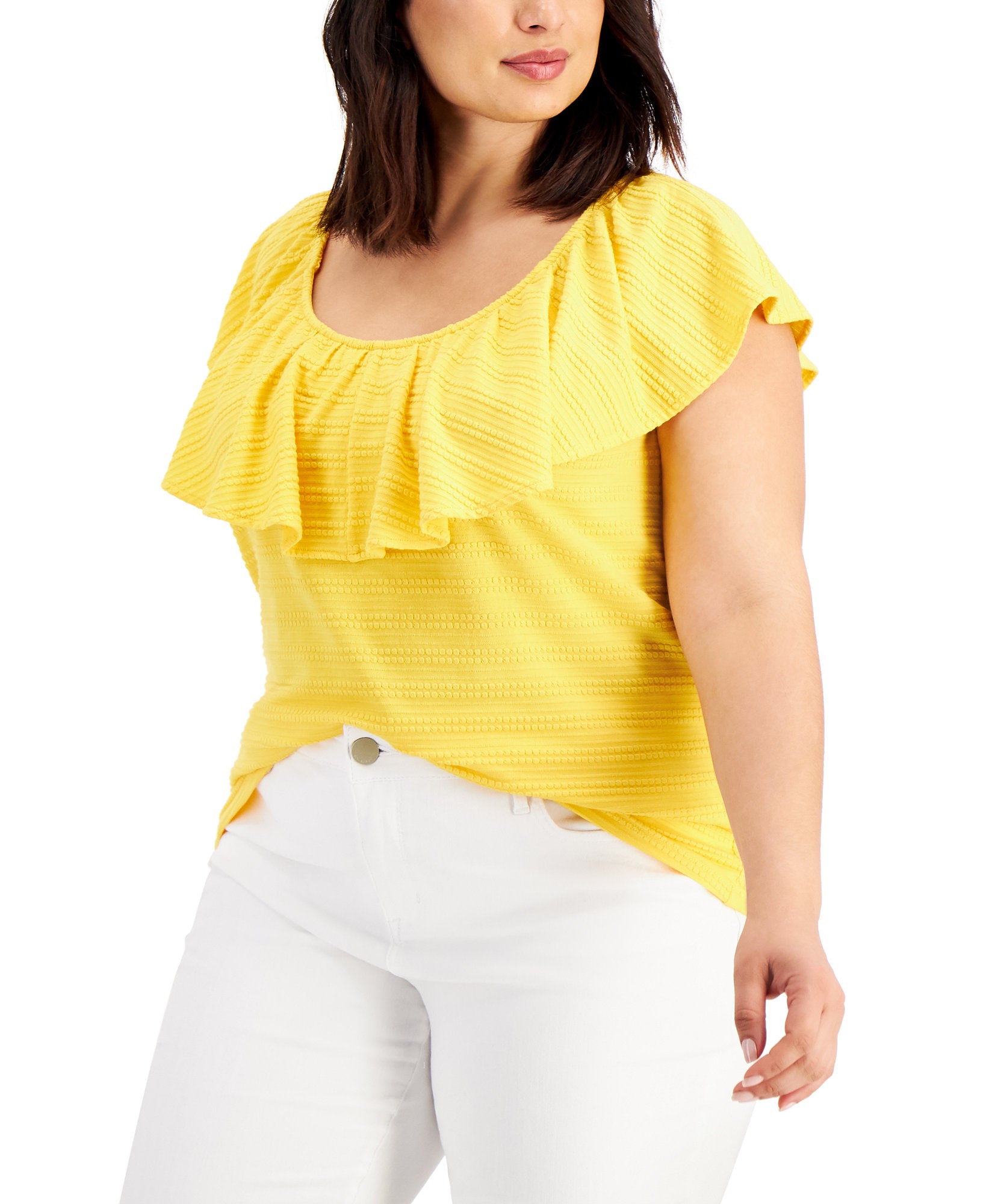 Style & Co Women Plus Textured Ruffle Neck Top Sunflower Stripe