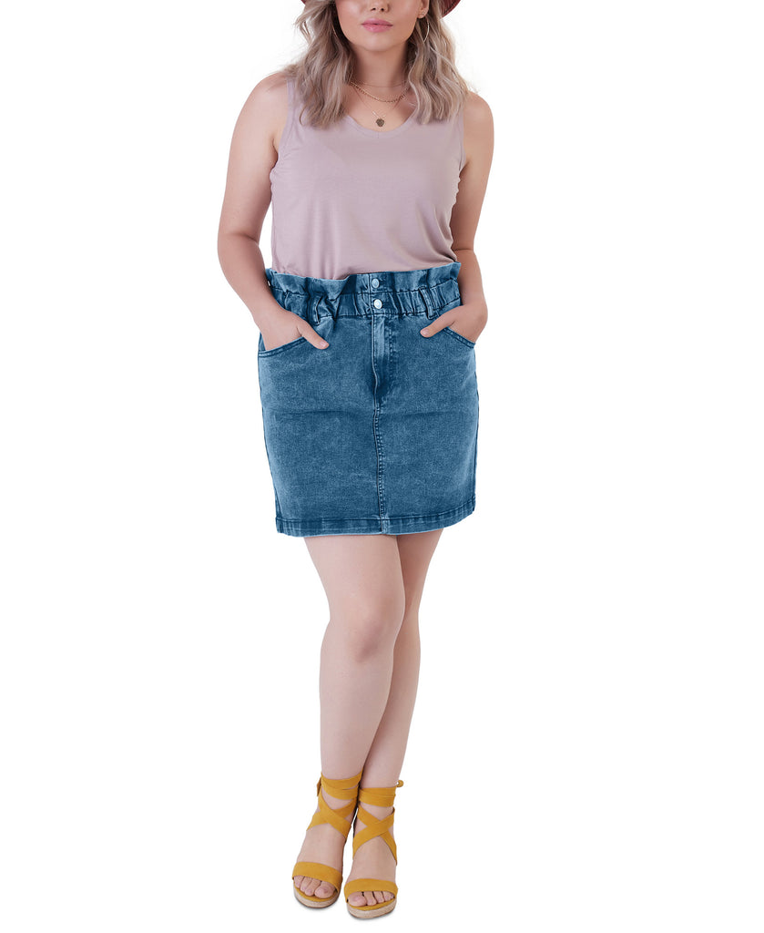 Black Tape Women Elastic Paper Bag Waist Denim Skirt Blue Wash