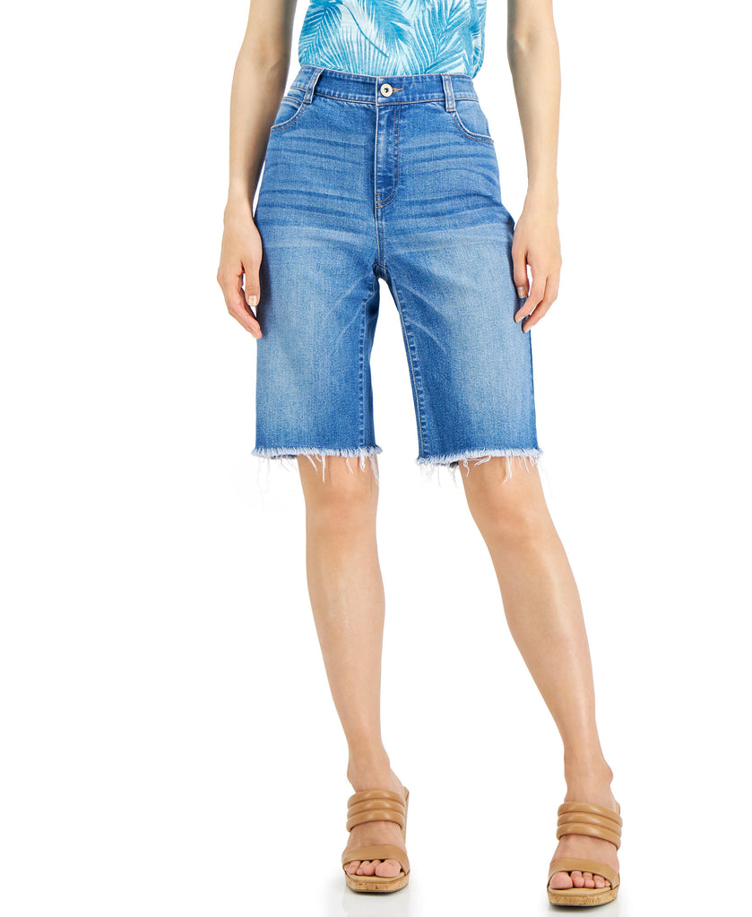 INC International Concepts Women Frayed Denim Bermuda Shorts Light Indigo