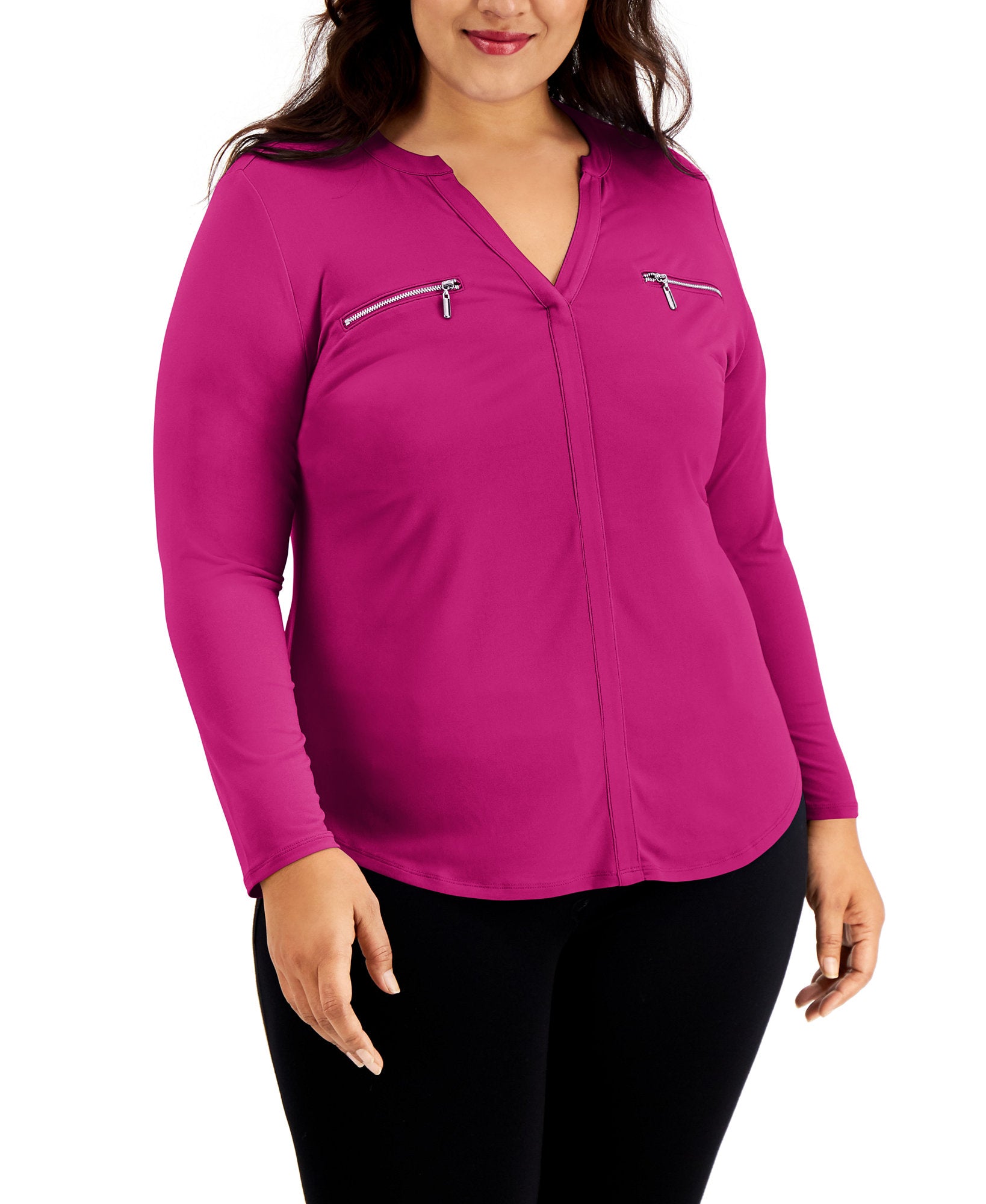 INC International Concepts Women Plus Zip Pocket Top Jazzy Pink