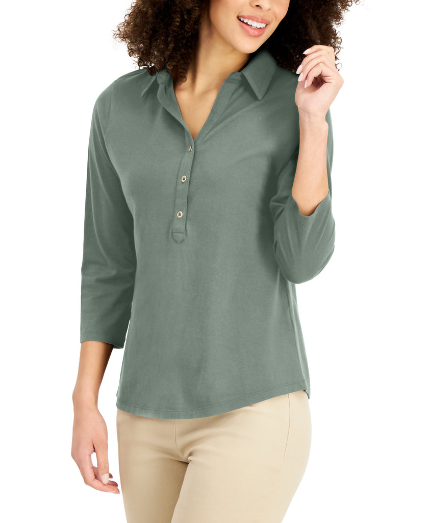 Charter Club Women Cotton Polo Top Pond Green