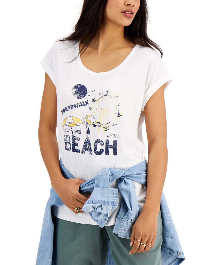 Style & Co Women Boardwalk Beach Graphic T Shirt Boardwalk White