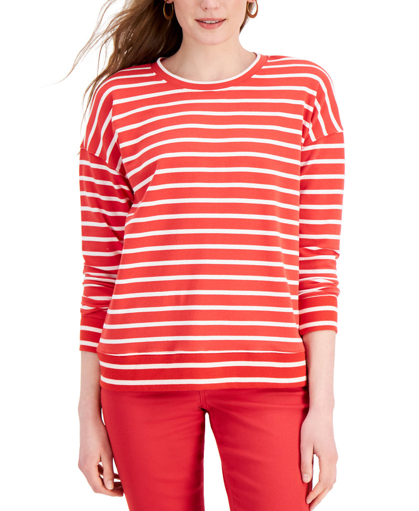 Style & Co Women Striped Classic Crew Sweatshirt Red Stripe
