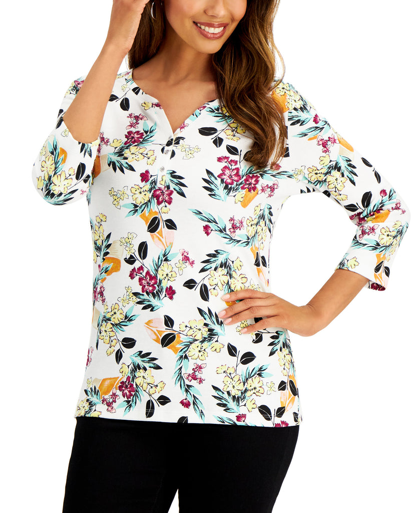 Karen Scott Women Petite Floral Print Henley Top Bright White