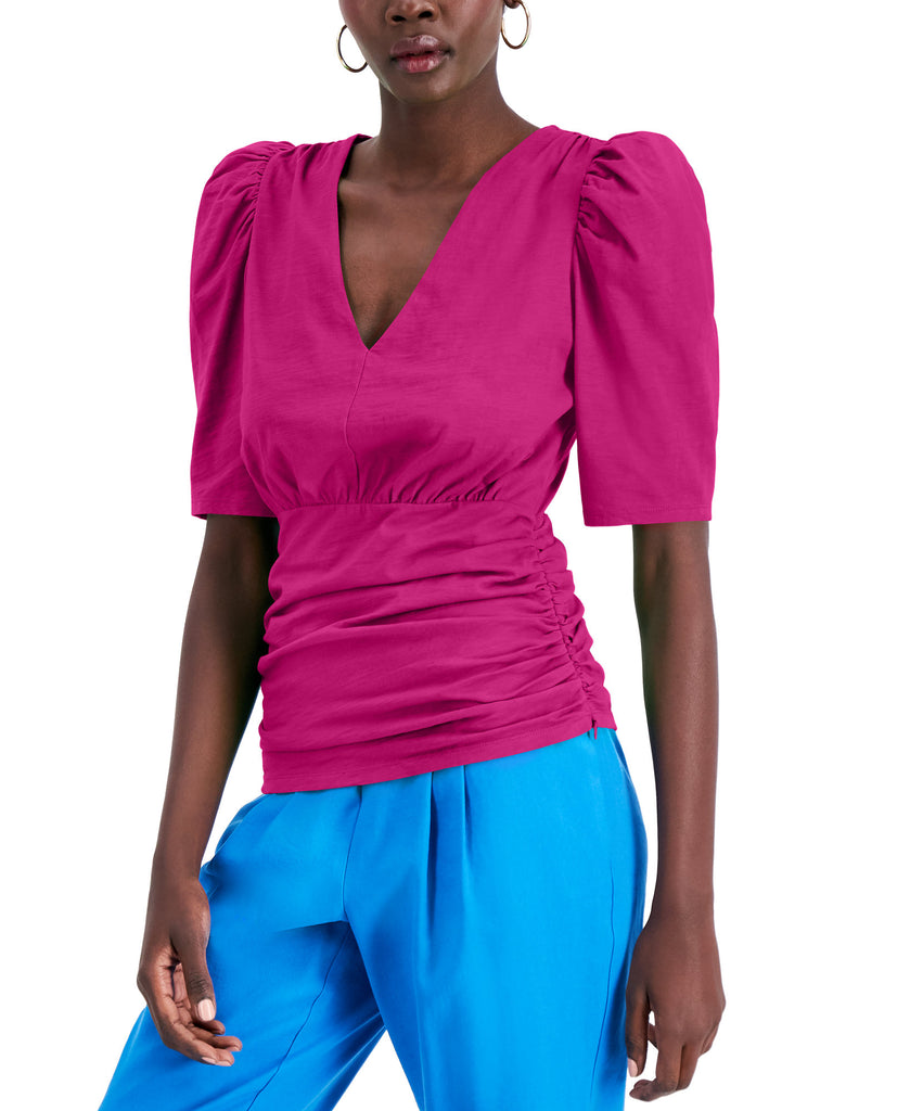 INC International Concepts Women Ruched V Neck Top Jazzy Pink