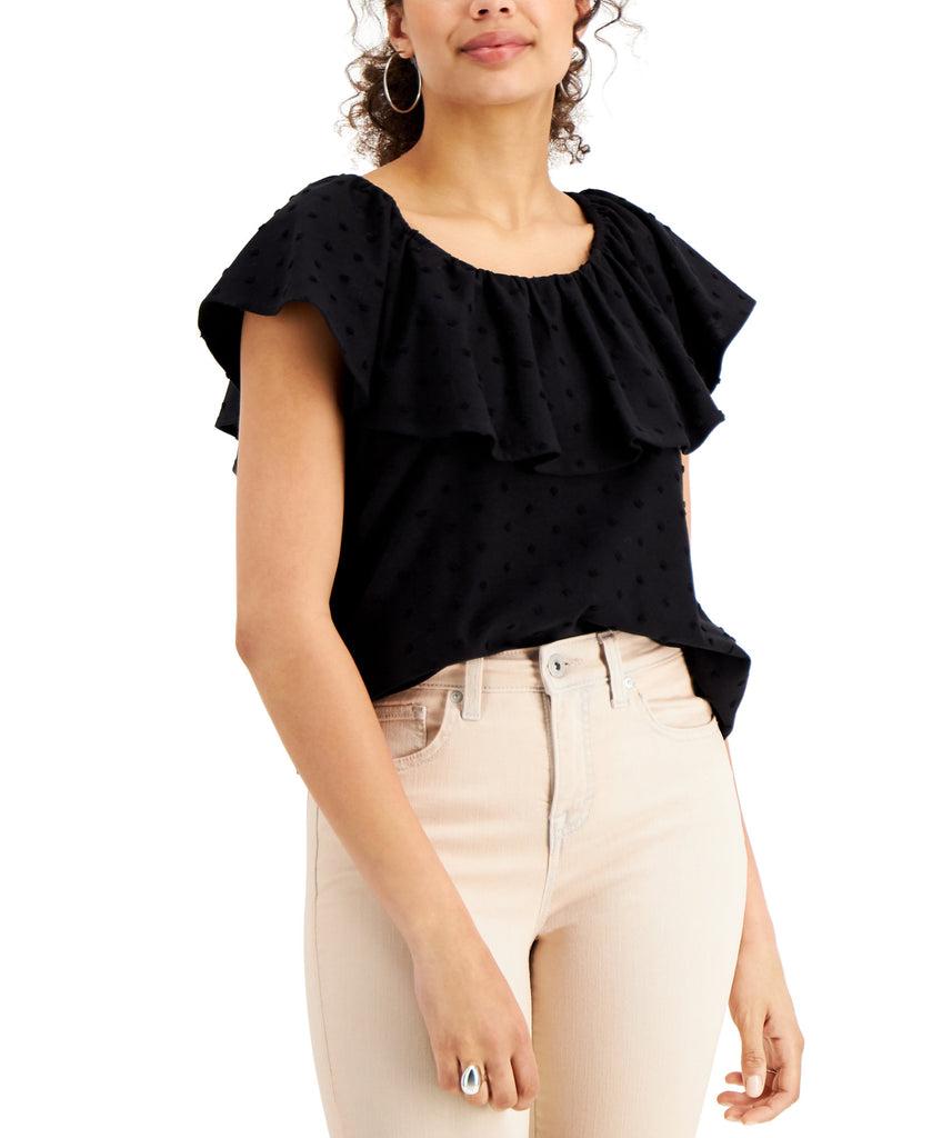 Style & Co Women Ruffle Neck Top Deep Black