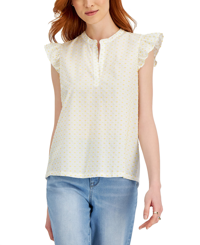 Style & Co Women Cotton Clip Dot Ruffled Sleeve Top Bright White