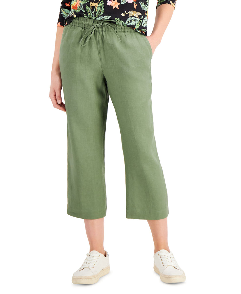 Charter Club Women Linen Capri Tie Waist Pants Cool Olive